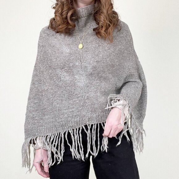 Vintage Handmade Wool Woven Knit Fringe Poncho Western Boho Hippie Sweater Shawl - Picture 7 of 7